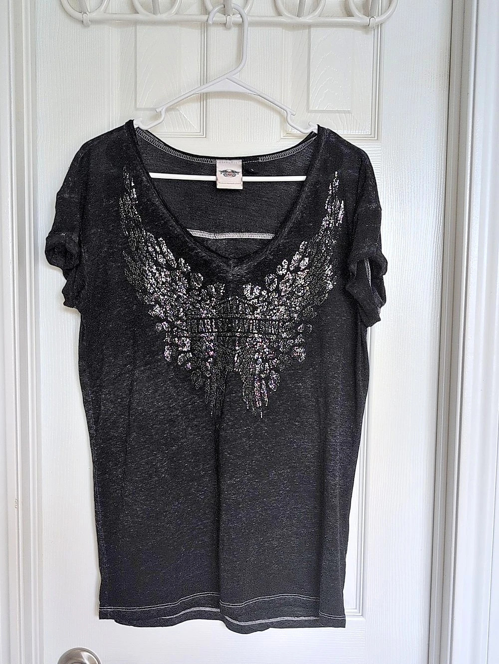 Harley-Davidson Embellished Black Short Sleeve Top Size Large Loose Fit